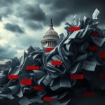 Flick International Torn political landscape with U.S. Capitol partially obscured by dark storm clouds and a large, twisted bill made from legislative documents.
