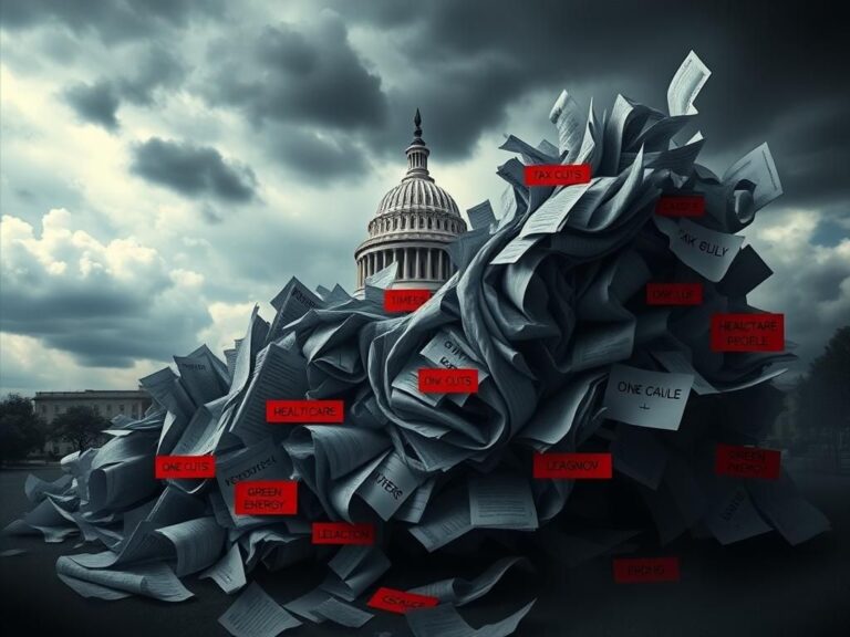 Flick International Torn political landscape with U.S. Capitol partially obscured by dark storm clouds and a large, twisted bill made from legislative documents.
