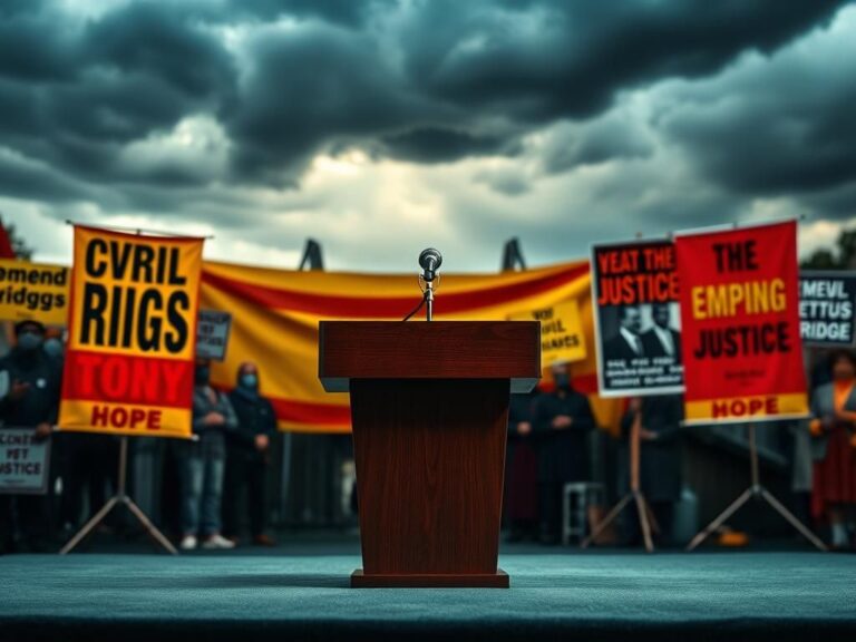 Flick International Vintage press conference setup with an empty podium and microphone illustrating political tension