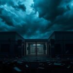 Flick International Exterior view of a fortified ICE detention center in Newark, New Jersey, under a stormy sky.