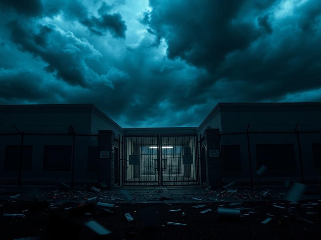Flick International Exterior view of a fortified ICE detention center in Newark, New Jersey, under a stormy sky.