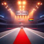 Flick International Dramatic indoor fencing arena with fencing strip and flags