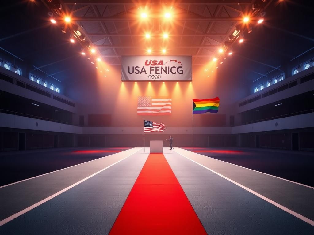 Flick International Dramatic indoor fencing arena with fencing strip and flags