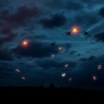 Flick International Night sky filled with dark clouds and explosions over a city skyline symbolizing conflict
