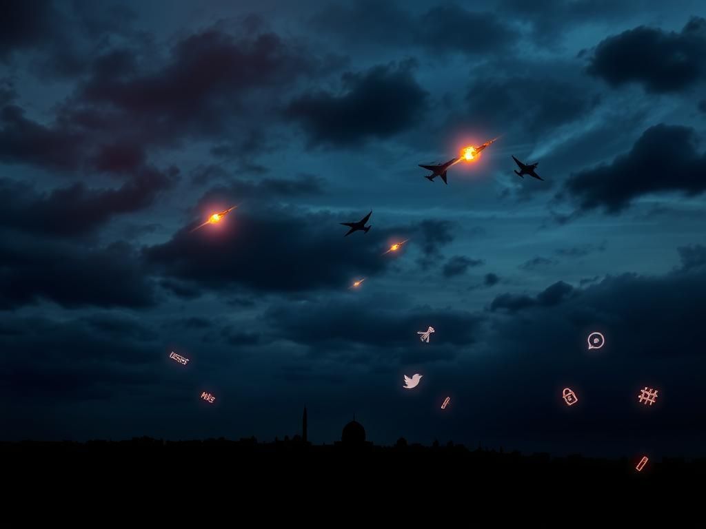 Flick International Night sky filled with dark clouds and explosions over a city skyline symbolizing conflict