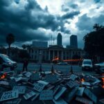 Flick International Chaotic protest scene in Los Angeles with signs reading 'No ICE!' and 'Justice for Immigrants'