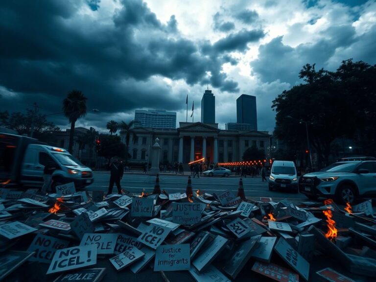 Flick International Chaotic protest scene in Los Angeles with signs reading 'No ICE!' and 'Justice for Immigrants'
