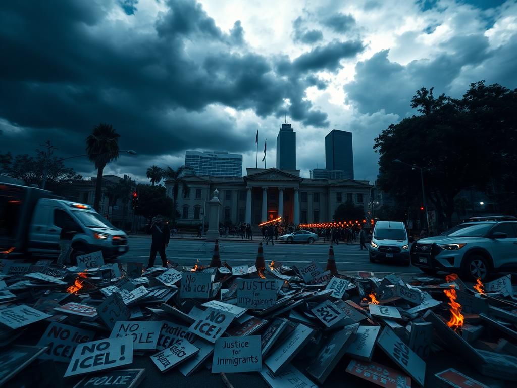 Flick International Chaotic protest scene in Los Angeles with signs reading 'No ICE!' and 'Justice for Immigrants'