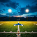 Flick International Empty football field under stadium lights with Dallas Cowboys logo