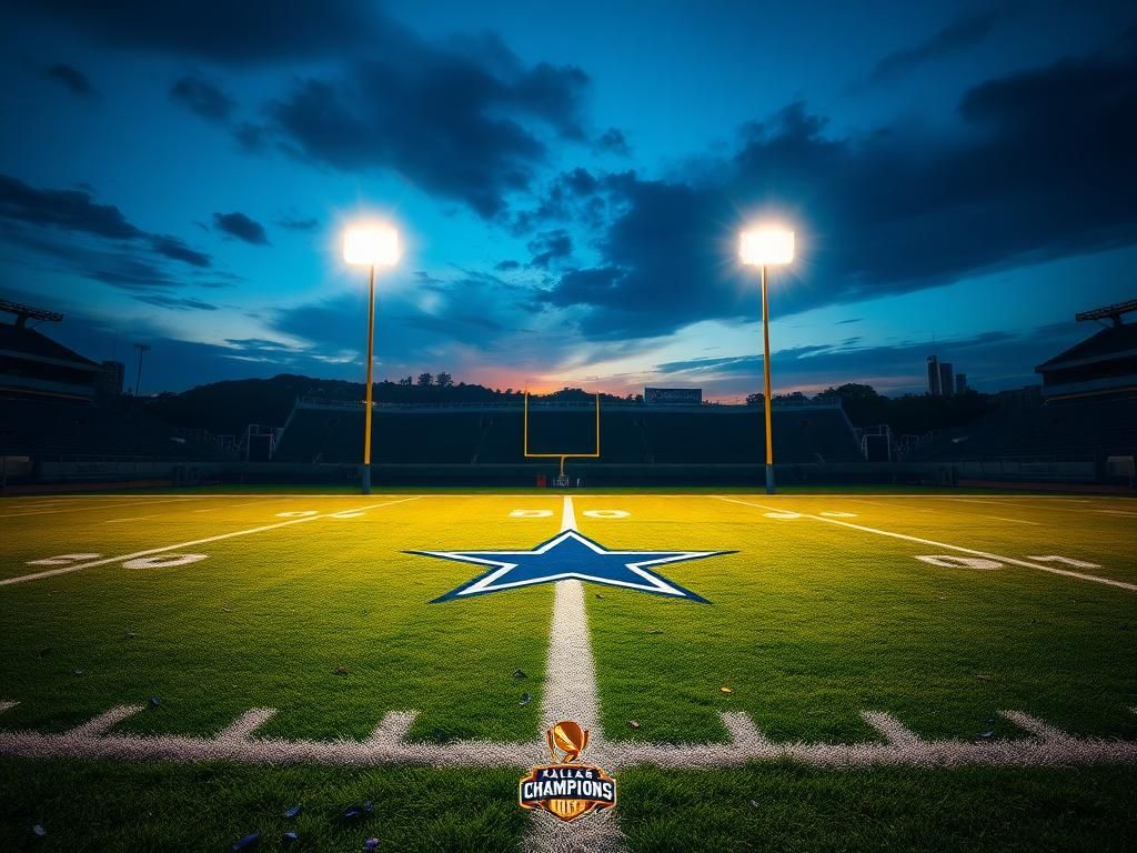 Flick International Empty football field under stadium lights with Dallas Cowboys logo