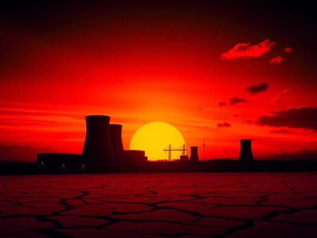 Flick International Dramatic representation of a nuclear facility at sunset