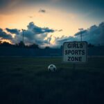 Flick International A deserted sports field at dusk with a lone soccer ball and a faded 'Girls' Sports Zone' sign