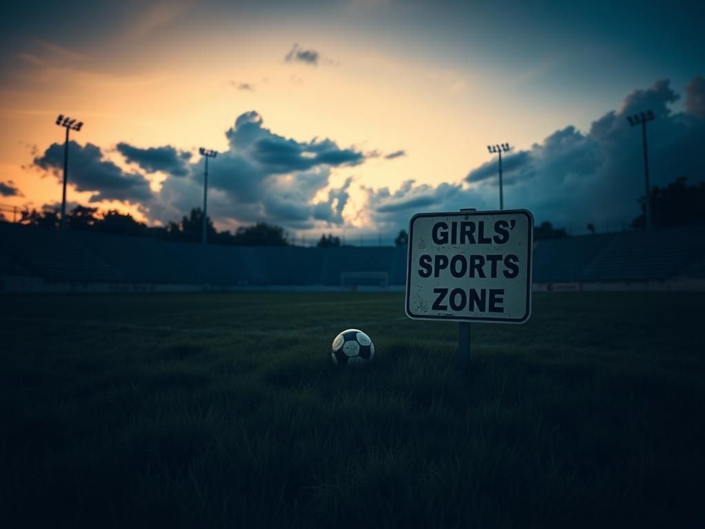 Flick International A deserted sports field at dusk with a lone soccer ball and a faded 'Girls' Sports Zone' sign