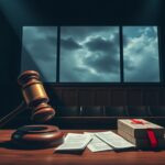 Flick International Dimly lit courtroom scene with a gavel on a wooden bench and scattered legal documents