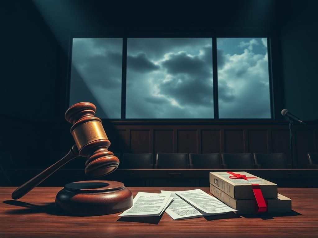 Flick International Dimly lit courtroom scene with a gavel on a wooden bench and scattered legal documents