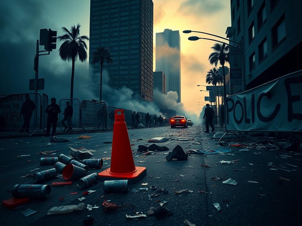 Flick International Dramatic urban scene in Los Angeles showing aftermath of riots with police barricade and debris