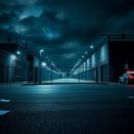 Flick International Nighttime scene of a detention facility exterior with security features