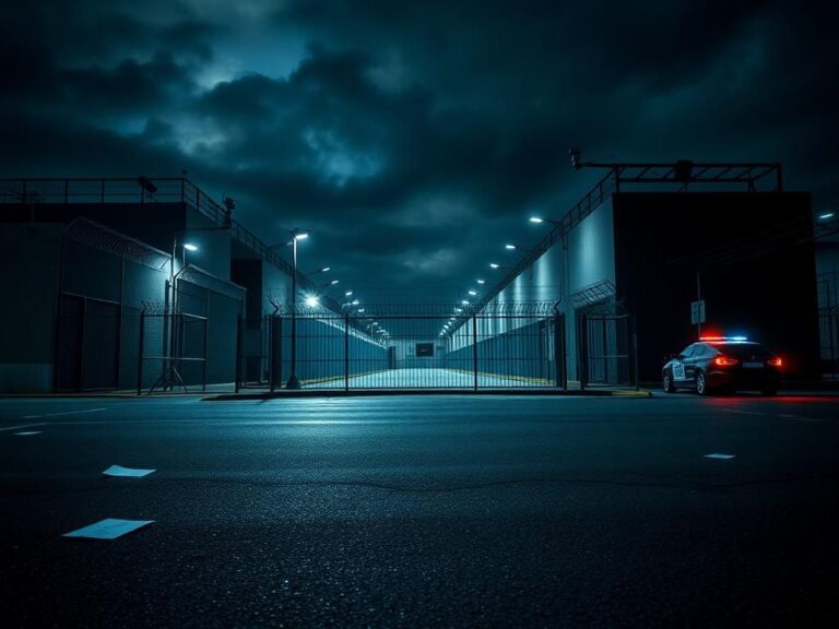 Flick International Nighttime scene of a detention facility exterior with security features