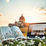 Flick International Iconic Basilica of Assisi with an open book on eucharistic miracles and a laptop depicting Carlo Acutis's website