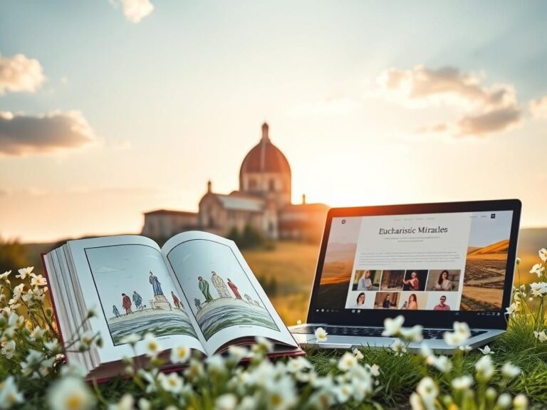 Flick International Iconic Basilica of Assisi with an open book on eucharistic miracles and a laptop depicting Carlo Acutis's website
