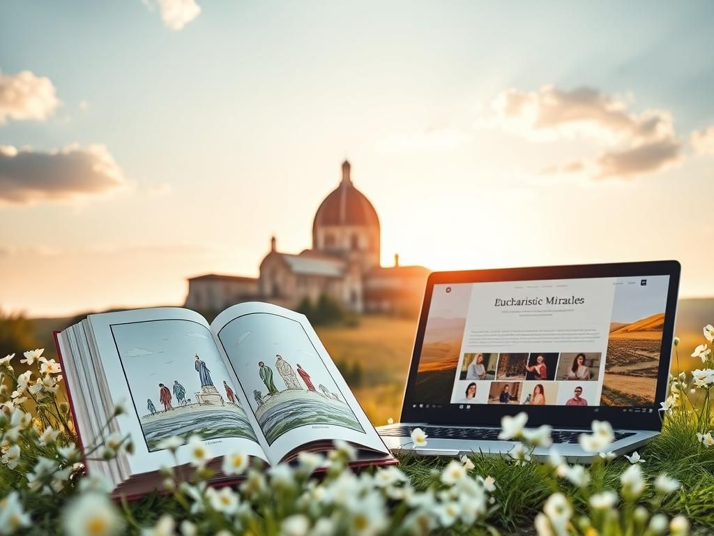 Flick International Iconic Basilica of Assisi with an open book on eucharistic miracles and a laptop depicting Carlo Acutis's website