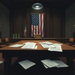 Flick International Somber courtroom scene with legal documents and American flag