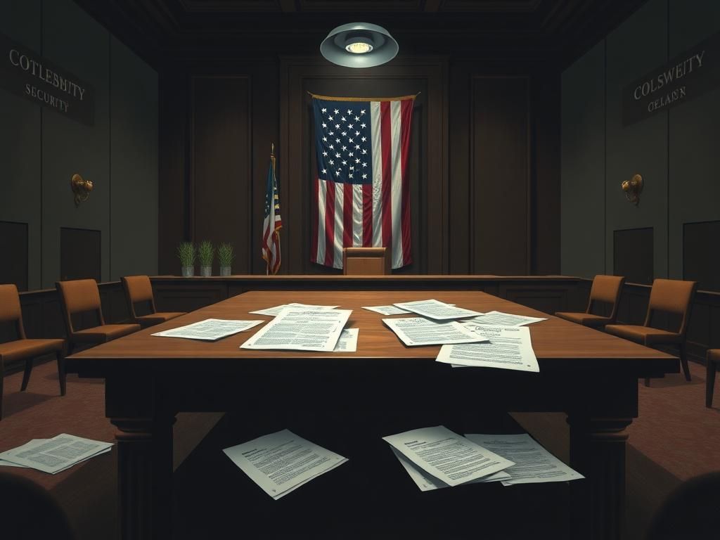 Flick International Somber courtroom scene with legal documents and American flag