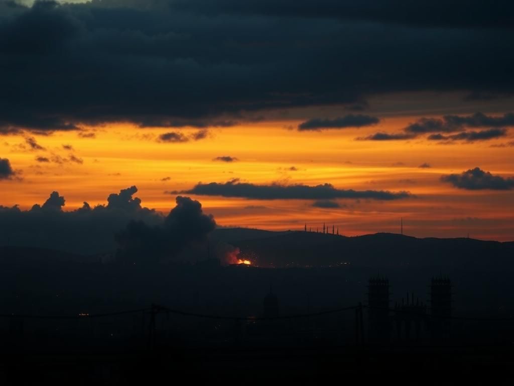 Flick International Dramatic skyline of Tehran at sunset with explosions and missile launch site silhouette