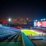 Flick International Nighttime view of SoFi Stadium with colorful lights reflecting on the pavement