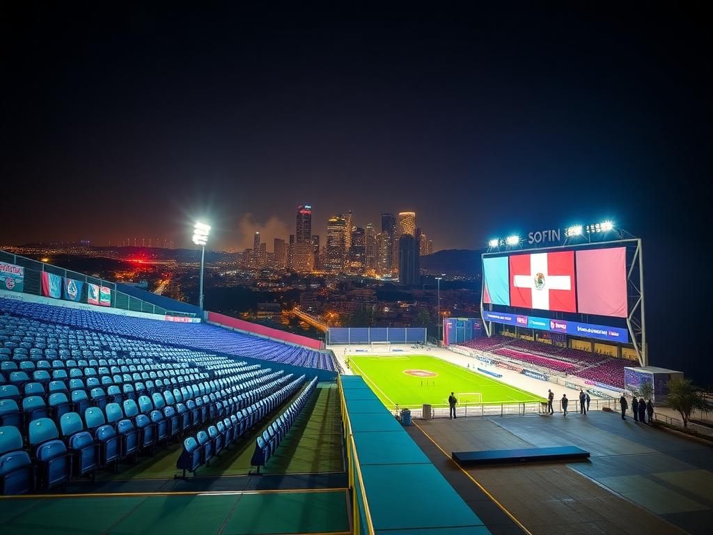Flick International Nighttime view of SoFi Stadium with colorful lights reflecting on the pavement