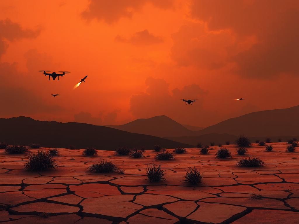 Flick International Abstract landscape symbolizing geopolitical tension with dramatic orange and gray sky