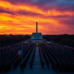 Flick International Aerial view of an empty National Mall with military uniforms on the ground at sunset