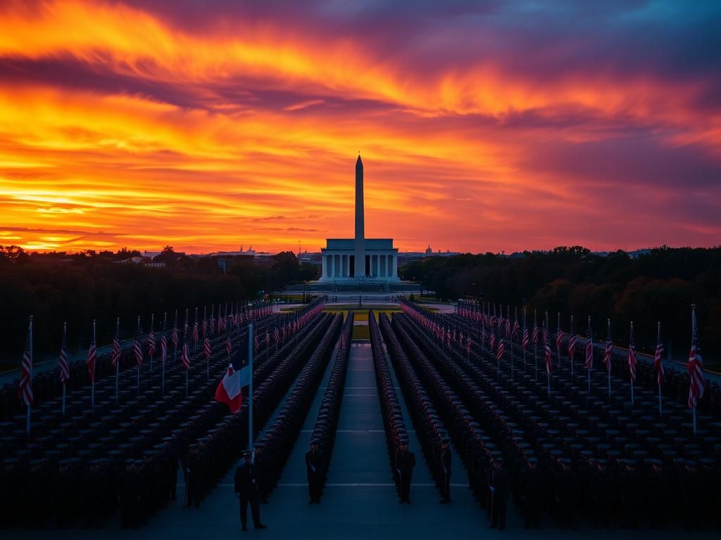 Flick International Aerial view of an empty National Mall with military uniforms on the ground at sunset