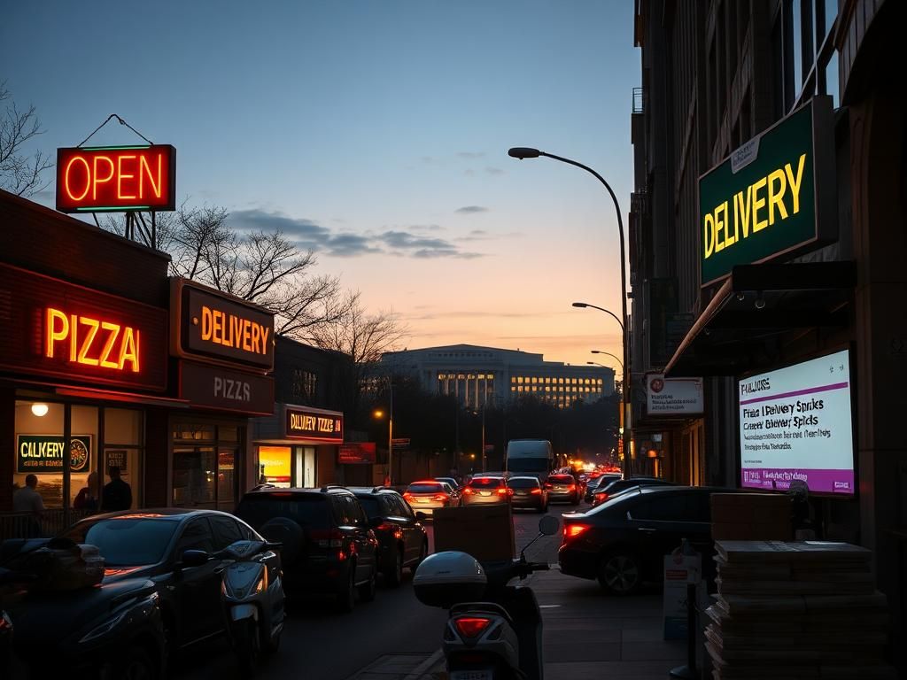 Flick International Late evening view of pizza shops near the Pentagon with illuminated neon signs.
