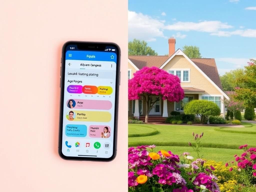 Flick International Split-screen image depicting a dating app and a serene family home