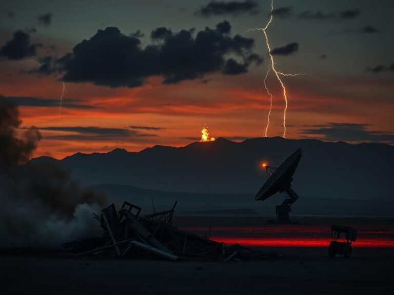 Flick International Desolate landscape depicting aftermath of airstrike with crumbling military radar installation