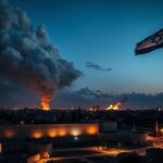 Flick International Dramatic skyline of Tel Aviv at dusk with smoke rising from missile strikes