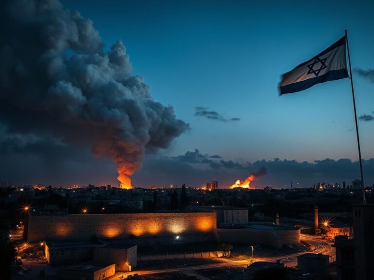 Flick International Dramatic skyline of Tel Aviv at dusk with smoke rising from missile strikes