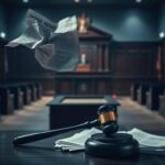 Flick International Blurred courtroom interior with empty benches and a judge's bench, symbolizing legal tension