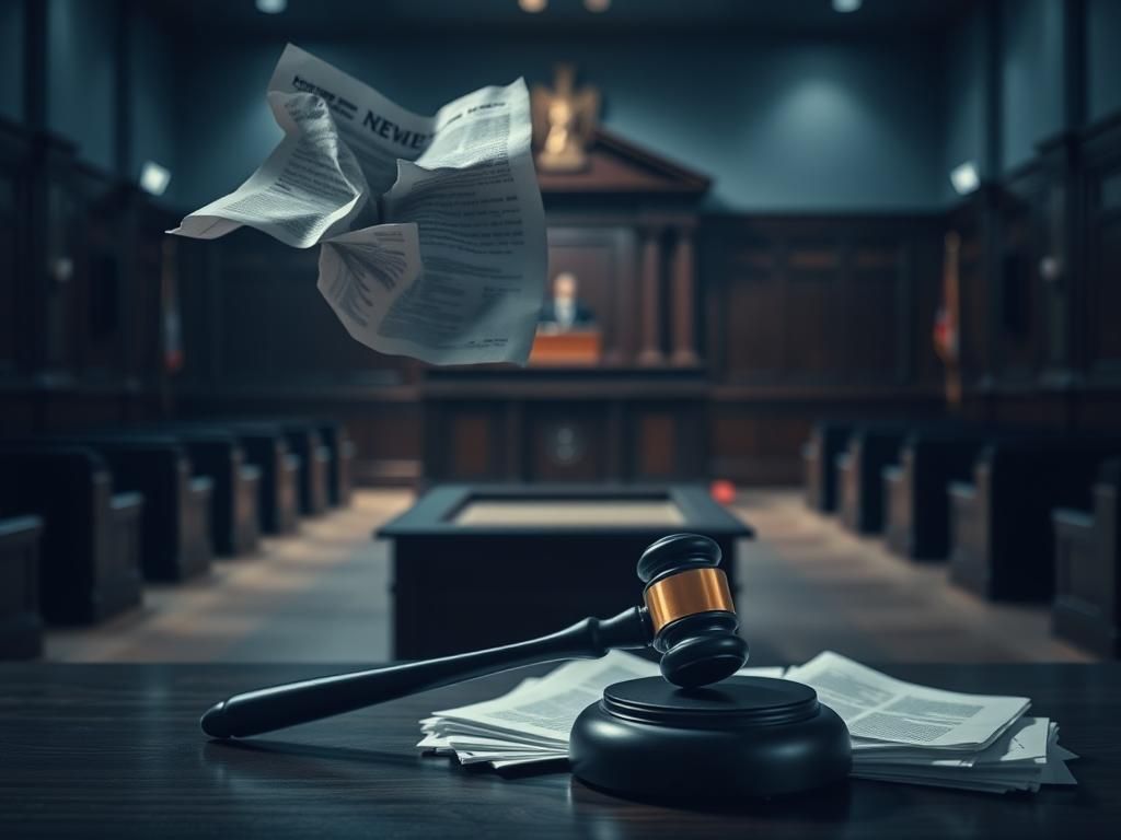 Flick International Blurred courtroom interior with empty benches and a judge's bench, symbolizing legal tension