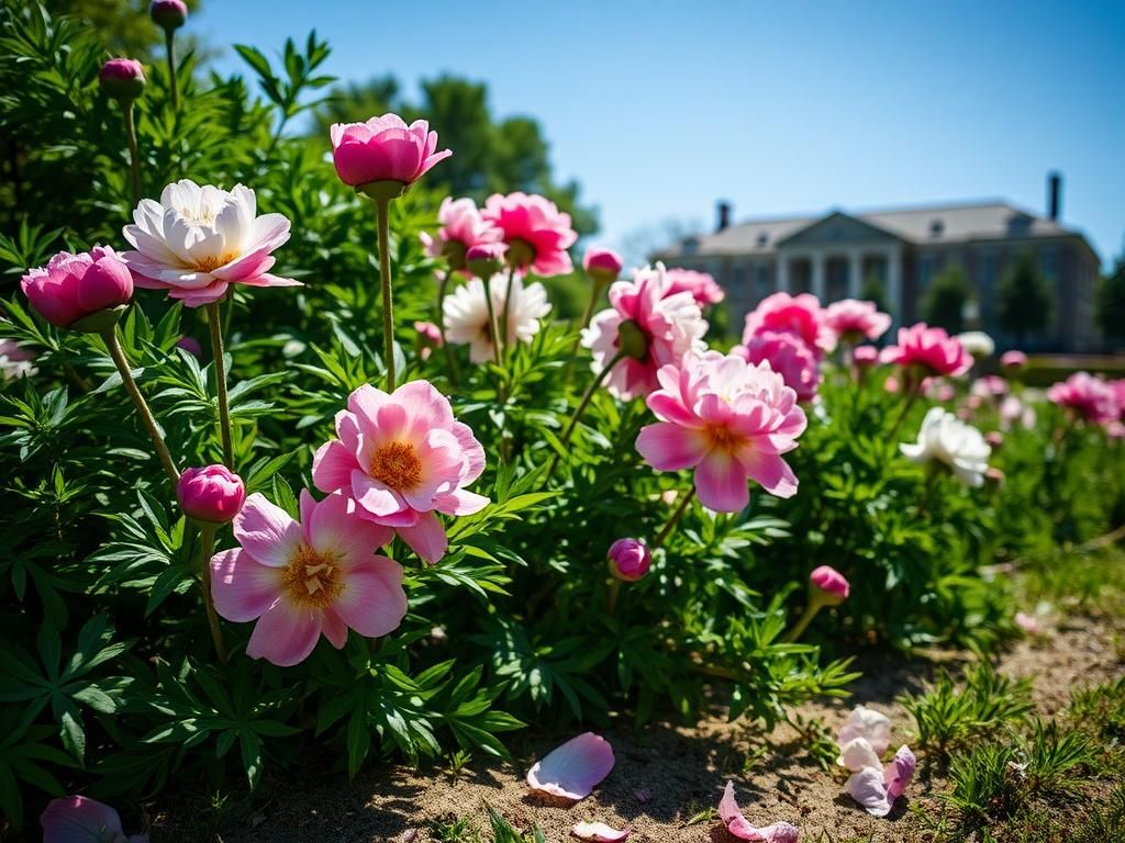 Flick International Vandalized peony flowers at the University of Michigan’s W.E. Upjohn Peony Garden, showcasing damaged plants amidst lush green foliage.