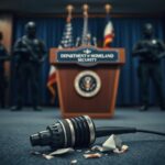 Flick International Shattered microphone on the ground at a DHS press conference symbolizing disruption