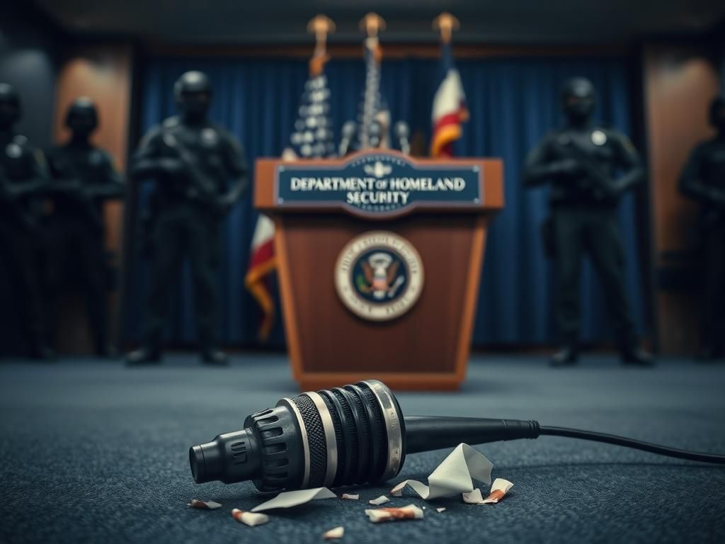 Flick International Shattered microphone on the ground at a DHS press conference symbolizing disruption