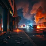 Flick International Chaotic scene of anti-ICE riots in Los Angeles with smoke and fire