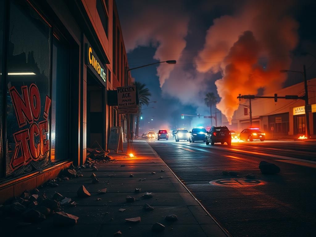 Flick International Chaotic scene of anti-ICE riots in Los Angeles with smoke and fire