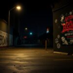 Flick International Dimly lit urban street at night with remnants of a boxing event and graffiti-covered wall.