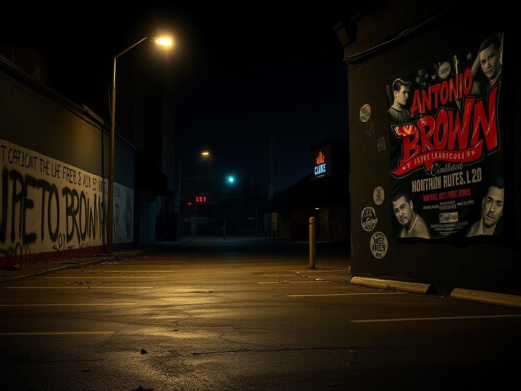 Flick International Dimly lit urban street at night with remnants of a boxing event and graffiti-covered wall.