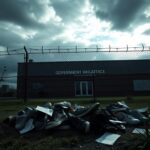 Flick International somber scene outside a government immigration office in Massachusetts with a chain-link fence and personal items symbolizing immigration struggles