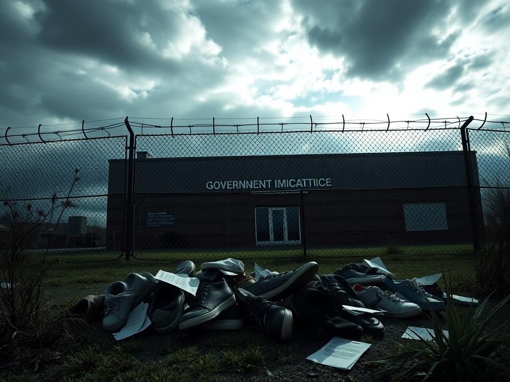 Flick International somber scene outside a government immigration office in Massachusetts with a chain-link fence and personal items symbolizing immigration struggles