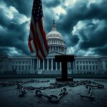 Flick International U.S. Capitol building under dark storm clouds with an American flag and broken chains, symbolizing democracy's struggle